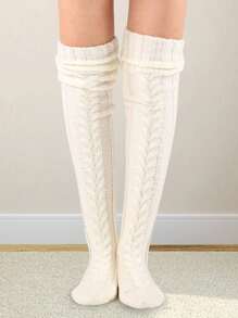 1 Pair Women's Over The Knee Gray Thick Knitted Woolen Leg Warmers For Winter Fashion