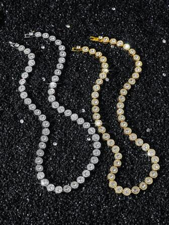 1pc 8mm Wide Men's Hip Hop Style Round Diamond Inlay Chain Necklace, Personalized Boyfriend Gift