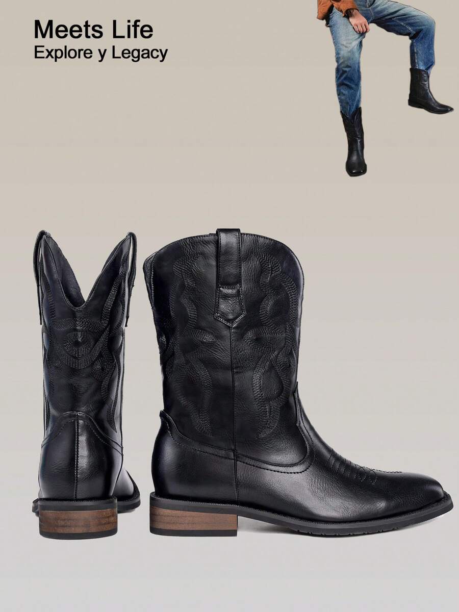 lumeheel Black Cowboy Boots For Men - Western Boot Men's Cowboy Boots With Square Toe | Cowboy Western Boot | Pull-On Boots| Old West Style Embroidered - Black - View 1