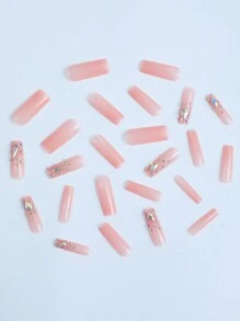 24 piezas de uñas acrílicas postizas cuadradas largas con cristales de color rosa hielo, con cristales de formas geométricas de colores y pequeños cristales con estrellas, uñas elegantes con pegamento de gelatina 1 pieza y lima 1 pieza - Multicolor - Ver 4