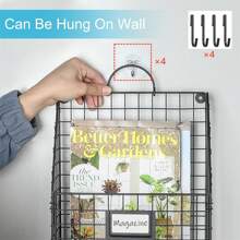 4 Pockets Hanging File Holder Organizer Metal Wall Mount Magazine Rack  With Handles And 4 Adhesive Wall Hooks, Metal Wall File Holder Paper Document Rack For Office And Home - 黑色 - 查看 8