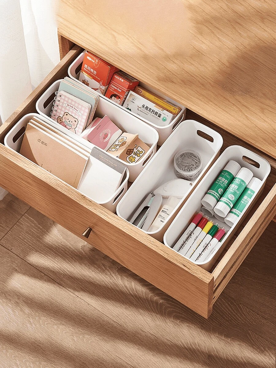 6 piezas Frase pulida: "Caja de almacenamiento de escritorio para cosméticos, bocadillos, fundas de teléfono móvil y otros artículos. Ideal para la organización en el hogar, baño, cajones de la cocina" - Beis - Ver 1