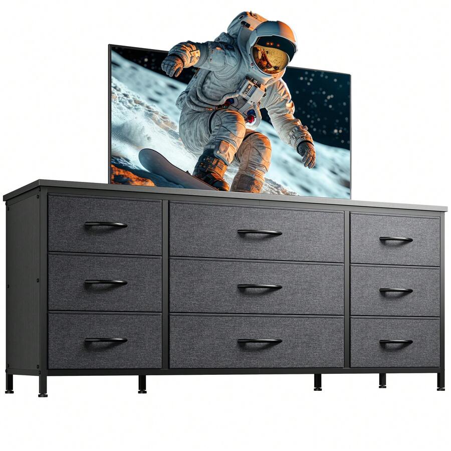 EnHomee Dresser TV Stand With 9 Drawers For 60'' TV Stand For Bedroom Long Dresser For Bedroom Wide Dressers & Chests Of Drawers, Sturdy Metal Frame & Wood Top, Living Room, Closet, Grey - 灰色 - 查看 1