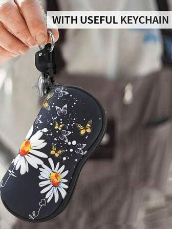 1pc Women's Elegant Black Pure Love Sunflower & Butterfly Printed Zipper Eyeglasses Case, Lightweight And Soft Neoprene Portable Sunglasses Bag, Ideal Gift For Travel, Sports, Outdoors Or For Friends Halloween Glasses Accessories For Women Valentine's Day Valentines
