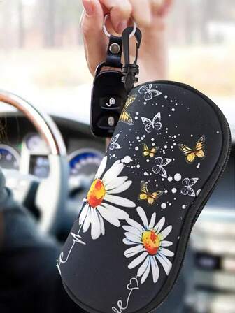 1 pieza Estuche elegante para gafas de mujer negro con impresión de girasol y mariposa, de neopreno suave y ligero, bolso portátil para gafas de sol, regalo ideal para viajes, deportes, actividades al aire libre o para accesorios de gafas de mujer en San Valentín