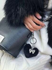 1 Pc Handmade Bowknot Ribbon Keychain With Plush Heart Pendant Keyring Bag Charm Fashionable Accessory For Fashion Lovers(White And Black) Valentine's Day Valentines Car Accessories School Cute Goth Y2k - Black and White - View 2