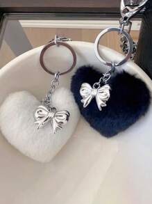 1 Pc Handmade Bowknot Ribbon Keychain With Plush Heart Pendant Keyring Bag Charm Fashionable Accessory For Fashion Lovers(White And Black) Valentine's Day Valentines Car Accessories School Cute Goth Y2k - Black and White - View 1
