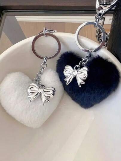 1 Pc Handmade Bowknot Ribbon Keychain With Plush Heart Pendant Keyring Bag Charm Fashionable Accessory For Fashion Lovers(White And Black) Valentine's Day Valentines Car Accessories School Cute Goth Y2k