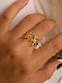 1pc Fashionable Oil Pressure Style Gold-Plated Stainless Steel Starfish & Seashell Design Adjustable Ring, Suitable For Daily Wear And Beach Jewelry Gifts For Women