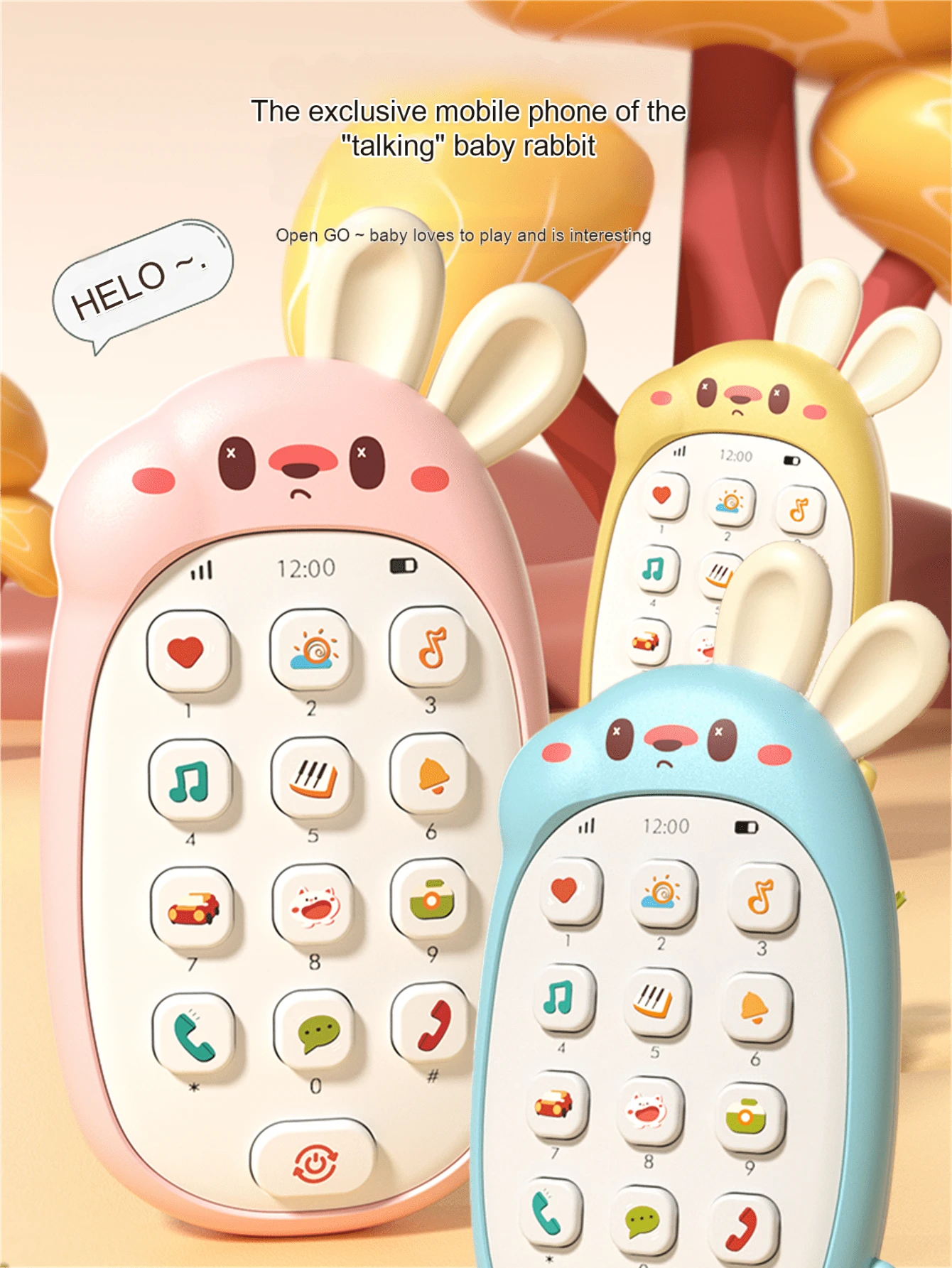 1 יחידה טלפון צעצוע חינוכי לילדים, כחול, ורוד או צהוב, מתאים לתינוקות בני 0-3 שנים, בנים ובנות, טלפון קריקטורה מיני מוזיקלי לבקיעת שיניים ולמידה מוקדמת - טלפון נייד ארנב לחינוך מוקדם - ראה 1
