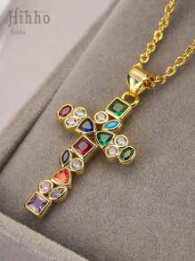 Hihho 1 pièce Collier pendentif croix élégant à la mode avec incrustation de zirconium coloré de style européen et américain, collier ras-de-cou en acier inoxydable, cadeau de festival (couleurs de zirconium disposées de manière aléatoire)