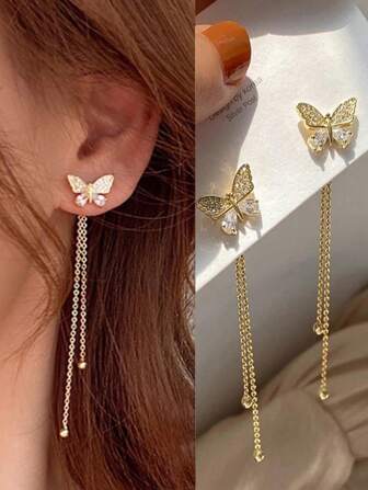 1 对蝴蝶仙子流苏耳环，适合青少年，优雅清新时尚甜美耳环