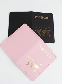 2入組時尚輕便PU皮革情侶旅行套裝，可用於飛行、返校，款式設計簡約時尚且帶有飛機圖案，單色，適用於學生、女士和男士，婚禮、訂婚、假期，護照保護和防盜功能 - 彩色 - 查看 6