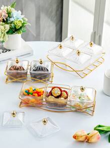 1 Stück Mehrzweck Snack-Servier-Set - Plastik Quadratischer Trockenobst & Nuss Teller mit Eisenständer für Zuhause, Wohnzimmer und Couchtisch, Weihnachtsgeschenk