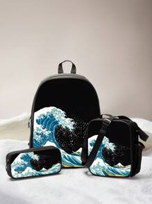 15.4in/39cm 3入組兒童背包套裝（背包、午餐盒和鉛筆盒），適用於旅遊、休閒、學校。背板和可調式肩帶設計，展現波浪印花時尚、耐用、實用