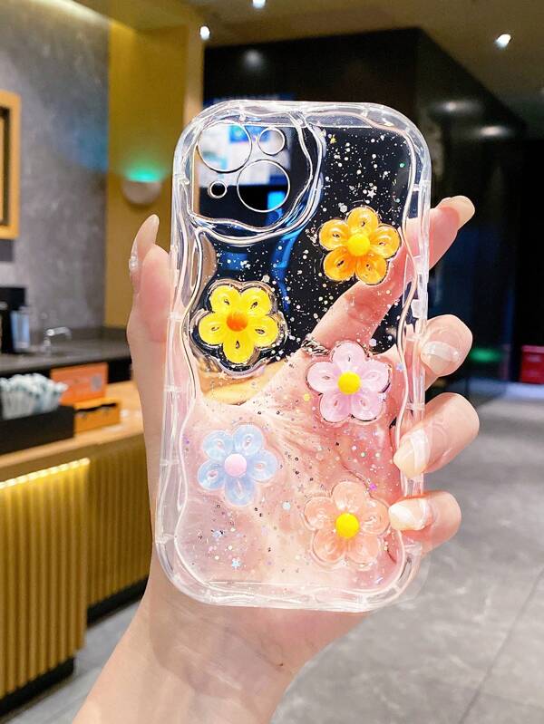 1 peça Capa de Telemóvel de TPU Feita à Mão com Cola de Queda e Design de Flor Cor-de-Rosa Brilhante com Textura, Compatível com iPhone 11/12/13/14/15 Pro Max