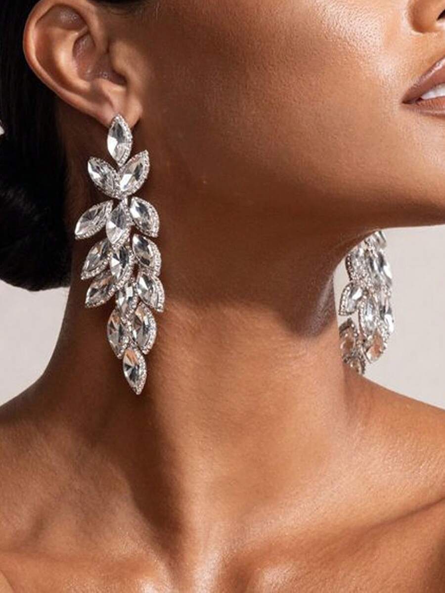 1 pieza Pendientes de cristal plateados, accesorios con diseño exagerado de hoja de cristal - Plateado - Ver 1