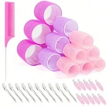 39入組髮型工具套裝 - 包括18個自粘捲曲器，20個髮夾，1個尾梳及大號髮根夾，適用於女性和女孩，適用於家用美髮或沙龍使用 - 彩色 - 查看 2