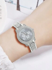 2 件女士银色不锈钢表带时尚休闲经典复古三眼刻度水钻表盘女士石英表心形手链套装适合日常佩戴装饰作为节日礼物送给朋友和母亲情人节 - 銀色 - 查看 4