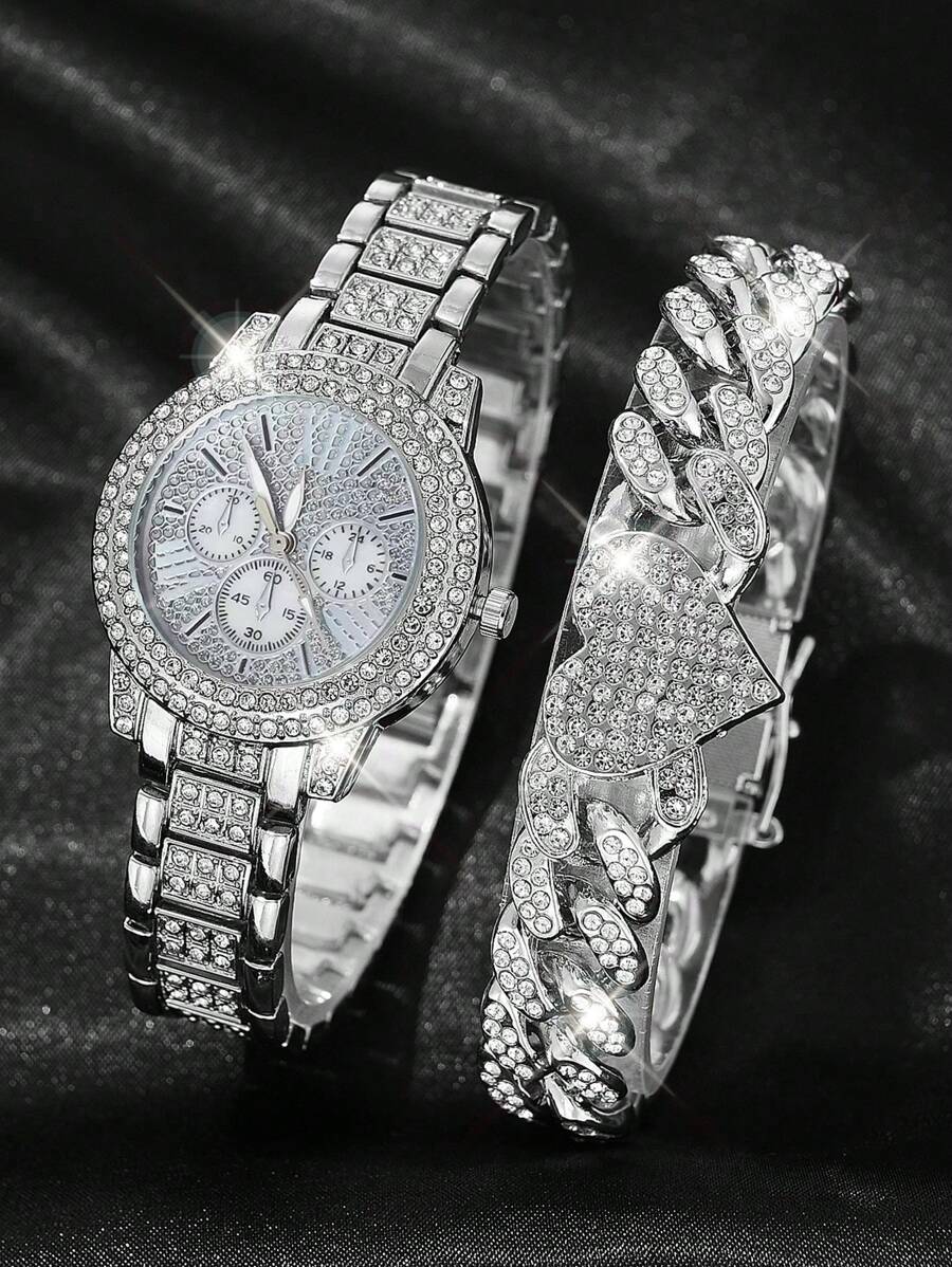 2 件女士银色不锈钢表带时尚休闲经典复古三眼刻度水钻表盘女士石英表心形手链套装适合日常佩戴装饰作为节日礼物送给朋友和母亲情人节 - 銀色 - 查看 1