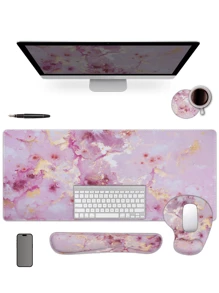A Set Large Ergonomic XXL Marble Desk Mat Set - Extended Gaming Mouse Pad, Keyboard Wrist Rest Support, Coaster - Non-Slip Base, Stitched Edge - Easy Typing, Pain Relief - (35.4*15.7 In) - For Office, Home, Computer, Laptop