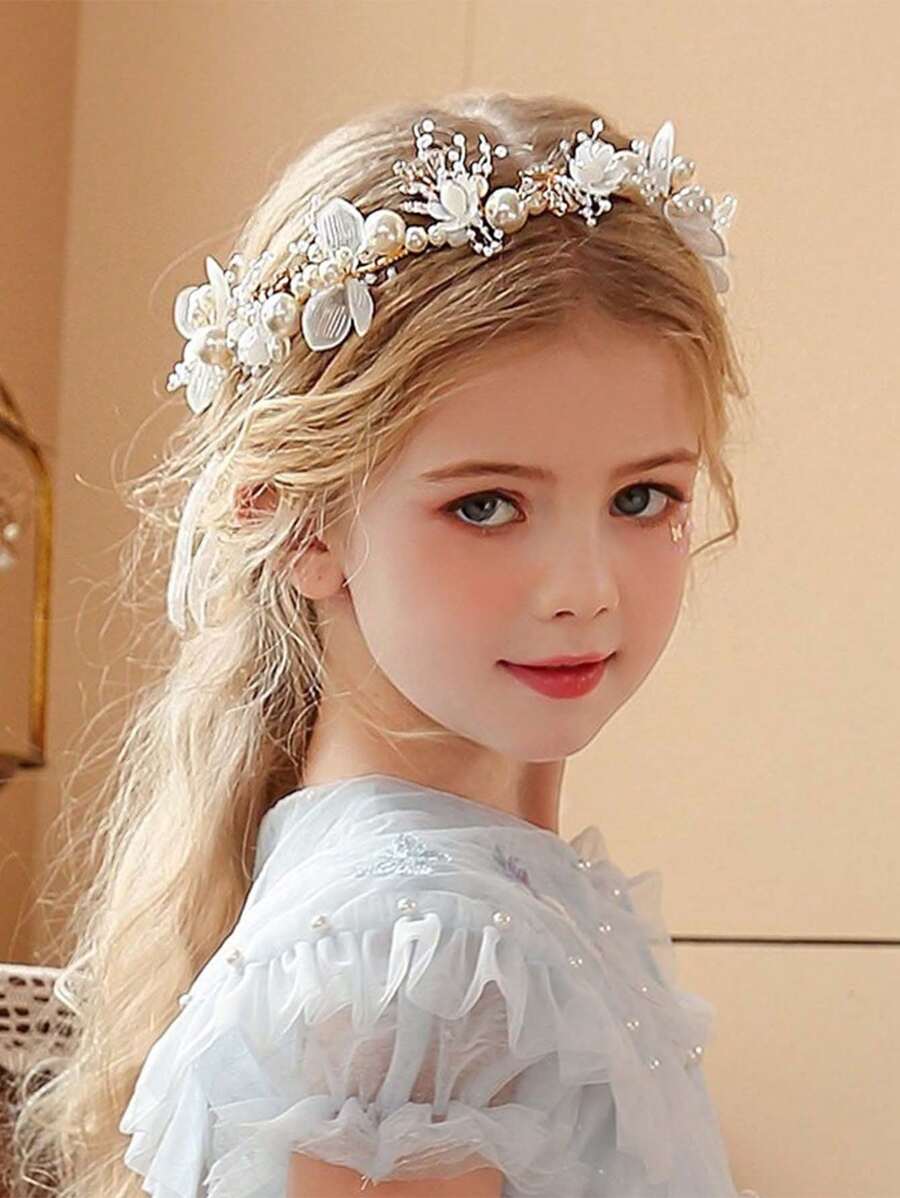 1入組王葉子公主花水晶頭飾鑲嵌鑽石珍珠合金花卉婚禮Prom攝影少女用，珍珠花卉頭箍水晶頭冠花卉頭冠為花童發飾，花童頭帶 - 彩色 - 查看 1