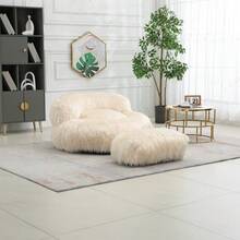 Bean Bag Chair Faux Fur Lazy Sofa /Footstool Durable Comfort Lounger High Back Bean Bag Chair Couch For Adults And Kids, Indoor - Beige + Plush - View 3