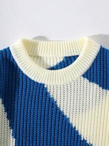 Áo len cổ tròn in họa tiết bò sữa phối màu tương phản, mẫu mới Thu Đông của White Joy, thích hợp cho Giáng sinh, Năm mới, tay dài. - Xanh và trắng - Xem 4