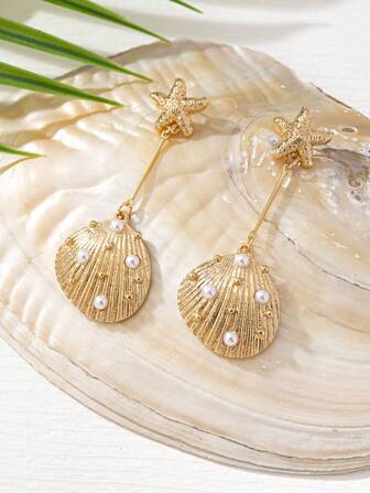 1pair New Fashionable Beach Pearl Inlaid Metal Ear Drop With Starfish & Seashell Design, Suitable For Casual Vacations And Parties