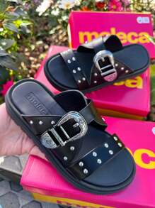 Women Flat Sandals - Khóa đen - Xem 4