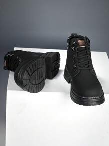 Men's Fashionable Round Toe PU Leather High-Top Thick-Sole Anti-Slip & Wear-Resistant Comfortable Boots, Lace-Up