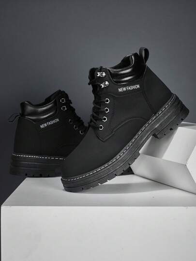 Men's Fashionable Round Toe PU Leather High-Top Thick-Sole Anti-Slip & Wear-Resistant Comfortable Boots, Lace-Up