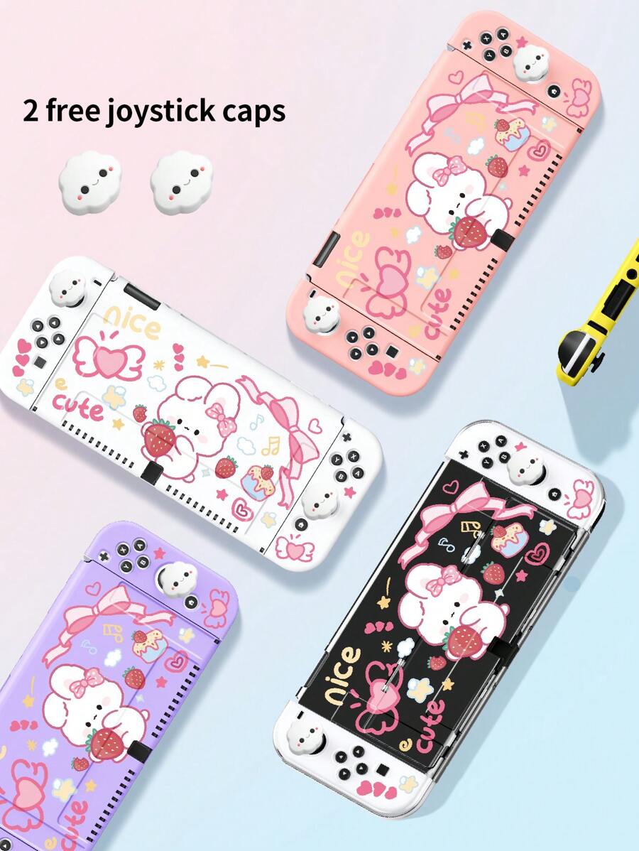 1 个草莓兔子图案保护壳兼容 Switch OLED/Switch NS/Lite、Switch 扩展电池控制台配件盖带操纵杆盖，与 Switch 玩家兼容的最佳礼物 - 彩色 - 查看 1