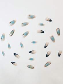 24 件长杏仁形按压指甲万圣节新款八角星蓝色法式边缘多星派对必备指甲带果冻胶和锉刀条 1 件美甲用品指甲