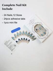 24 件长杏仁形按压指甲万圣节新款八角星蓝色法式边缘多星派对必备指甲带果冻胶和锉刀条 1 件美甲用品指甲