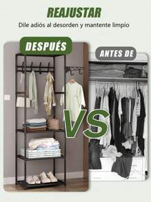 Perchero, armario multifuncional con ganchos, perchero, perchero de pie, armario, organizador, 6 ganchos, 4 compartimentos para guardar, armario esquinero individual con ganchos Ahorro de espacio, fácil montaje - Negro - Ver 4