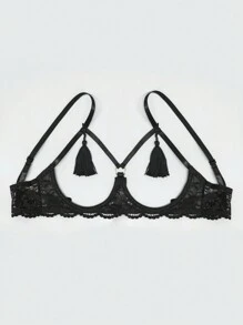 Women's Sexy Lace Fringed Open Cup Bra With Spaghetti Strap - Black - View 2