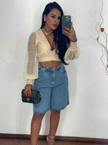 Women Denim Shorts - 中等水洗藍 - 查看 2