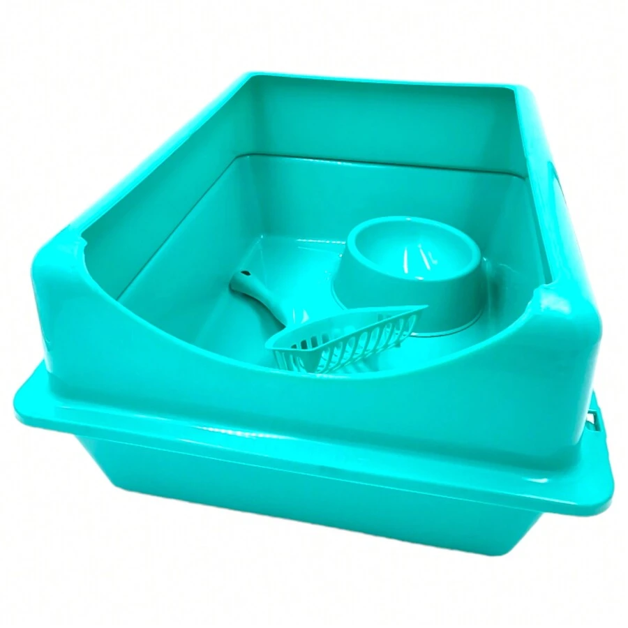 Arenero Grande Para Gato Con Extensión + Palita Y Tazón - Celeste - Ver 1