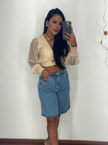 Women Denim Shorts - 中等水洗藍 - 查看 3