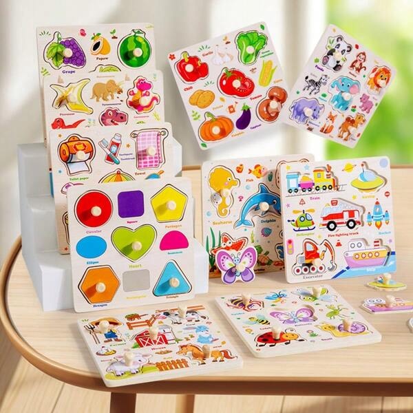 Blister Cognitive Matching Hand-Held Panel Puzzle, 9 Themes To Choose From, Daily Necessities, Fruits, Animals, Transportation, Shapes, Wooden Puzzle Toys, Suitable Halloween, Christmas, And Children's Day Gifts!