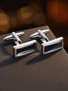 1 对新奇奢华黑色矩形金色袖扣男士品牌高品质雕花银方形袖扣衬衫袖扣 - 彩色 - 查看 6