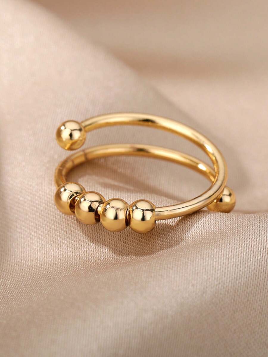 1pc Fashionable Ball Bead Ring, Women's Stainless Steel Material In Gold Color, Freely Rotatable, Helps Relieve Stress And Anxiety, Birthday Party Jewelry Gift