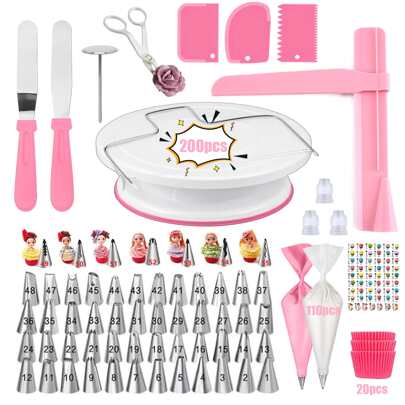 200pcs Cake Decorating Tool Set Including Rotating Cake Turntable, Icing Tips, Piping Bags, Nozzles, Cupcake Liners, Baking Pans, Cream Scraper, Cookie Cutters, And Other Kitchen Tools
