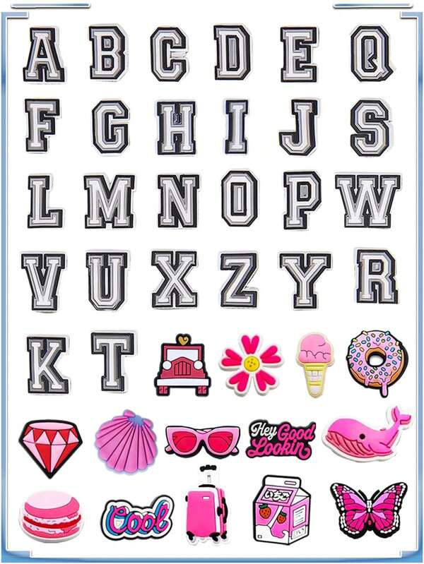 40 pièces Lettres de l'alphabet série rose DIY Breloques pour chaussures, porte-clés, sandales, sacs de plage. Décorations en PVC pour chaussures, accessoires, excellents cadeaux pour Noël, anniversaire, fête