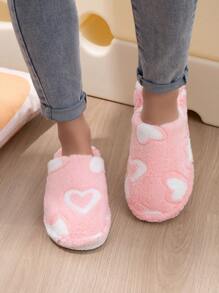 Ladies' Printed Heart Shaped Plush Flat Slippers, Suitable For Indoor And Outdoor Use On Flat Ground - Pink - View 3