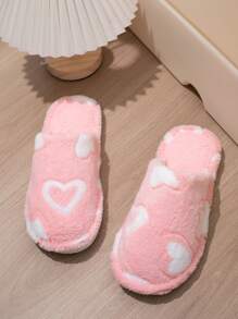 Ladies' Printed Heart Shaped Plush Flat Slippers, Suitable For Indoor And Outdoor Use On Flat Ground - Pink - View 4