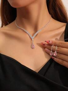 2-Piece Women Teardrop Pendant Necklace And Earrings Set, Fashion Elegant Jewelry For Wedding Party