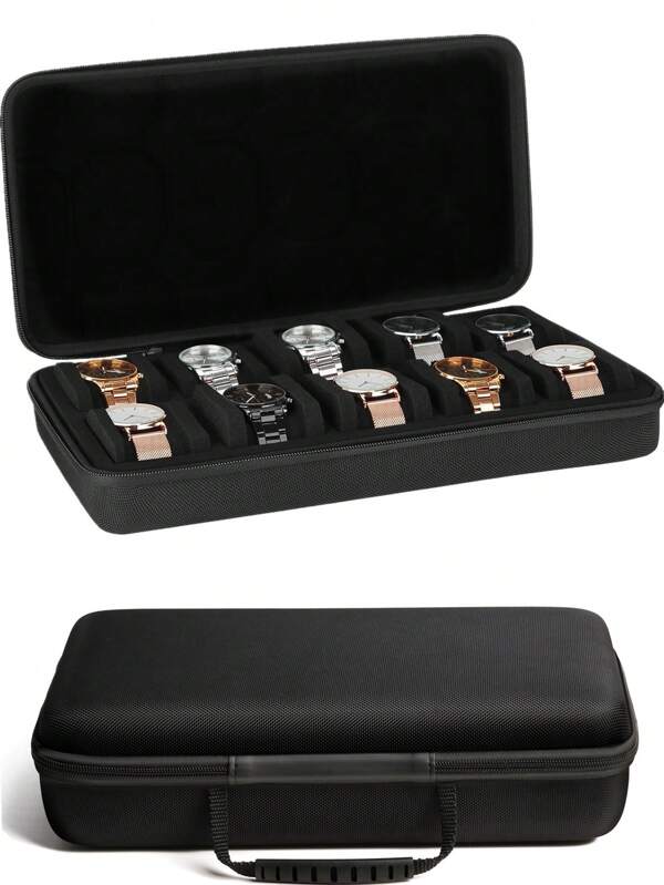 Estuche de viaje con cremallera y 10 ranuras para relojes, organizador y expositor multifuncional, a prueba de golpes, para viajes de negocios y regalos. Adecuado para relojes inteligentes y de muñeca de hasta 60 mm de diámetro. Caja de transporte rígida de color negro con cojín suave.
