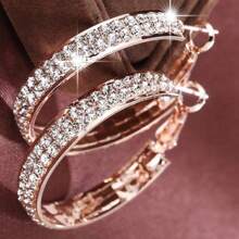 1 đôi bông tai tròn Cubic Zirconia hai hàng màu bạc, thích hợp để đeo hàng ngày - Hoa hồng vàng - Xem 2